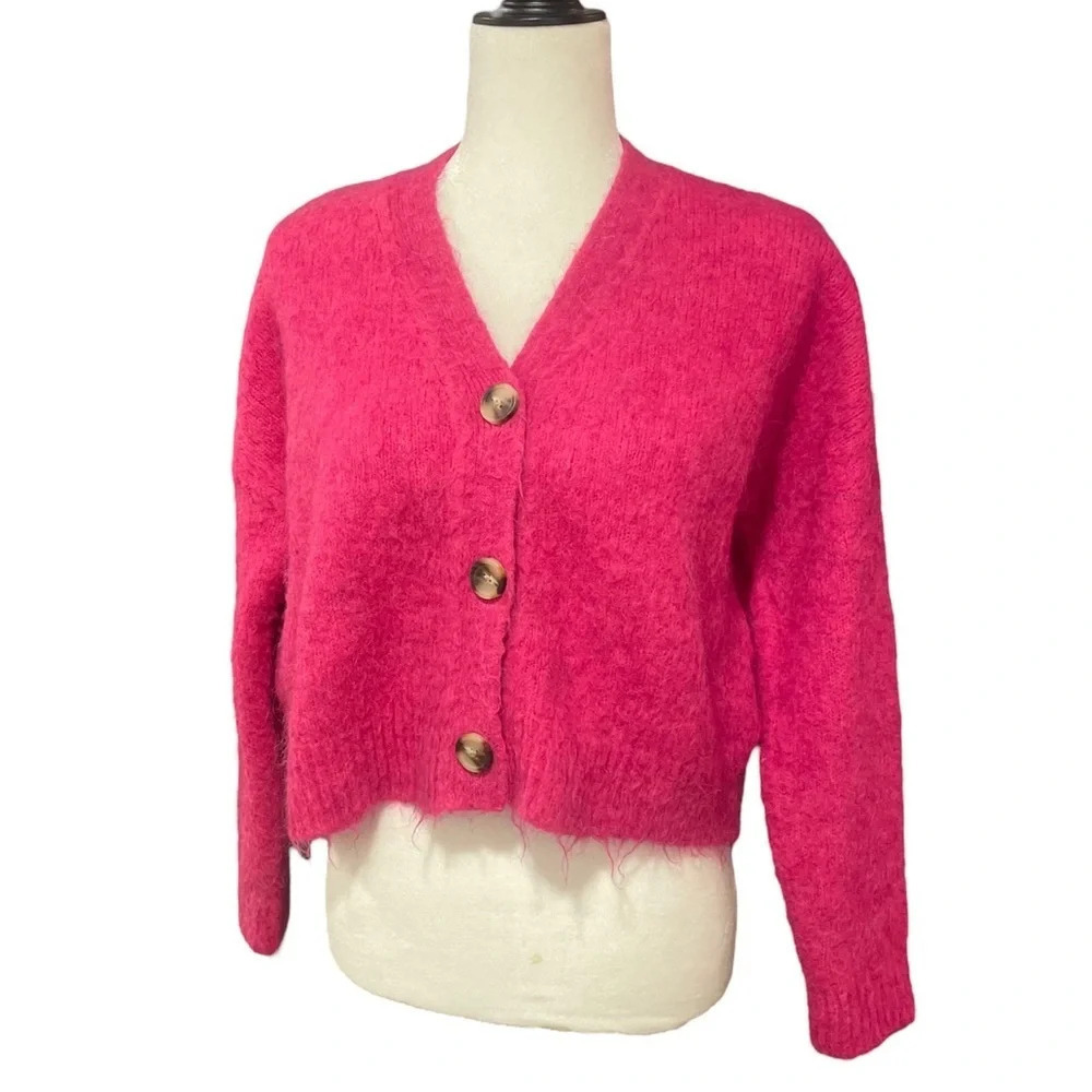 Madewell Holiday 2022 Brushed Crop Cardigan Sweater Fuschia Pink XS